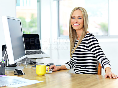 Buy stock photo Coffee, happy and portrait of woman in office with positive, good and confident attitude. Smile, pride and professional creative designer with cappuccino, latte or espresso by desk in workplace.