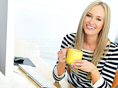 Buy stock photo Portrait, business and woman with coffee, smile and employee with computer and relaxing. Face, professional and entrepreneur with morning tea or pc with confidence and creative agency with consultant