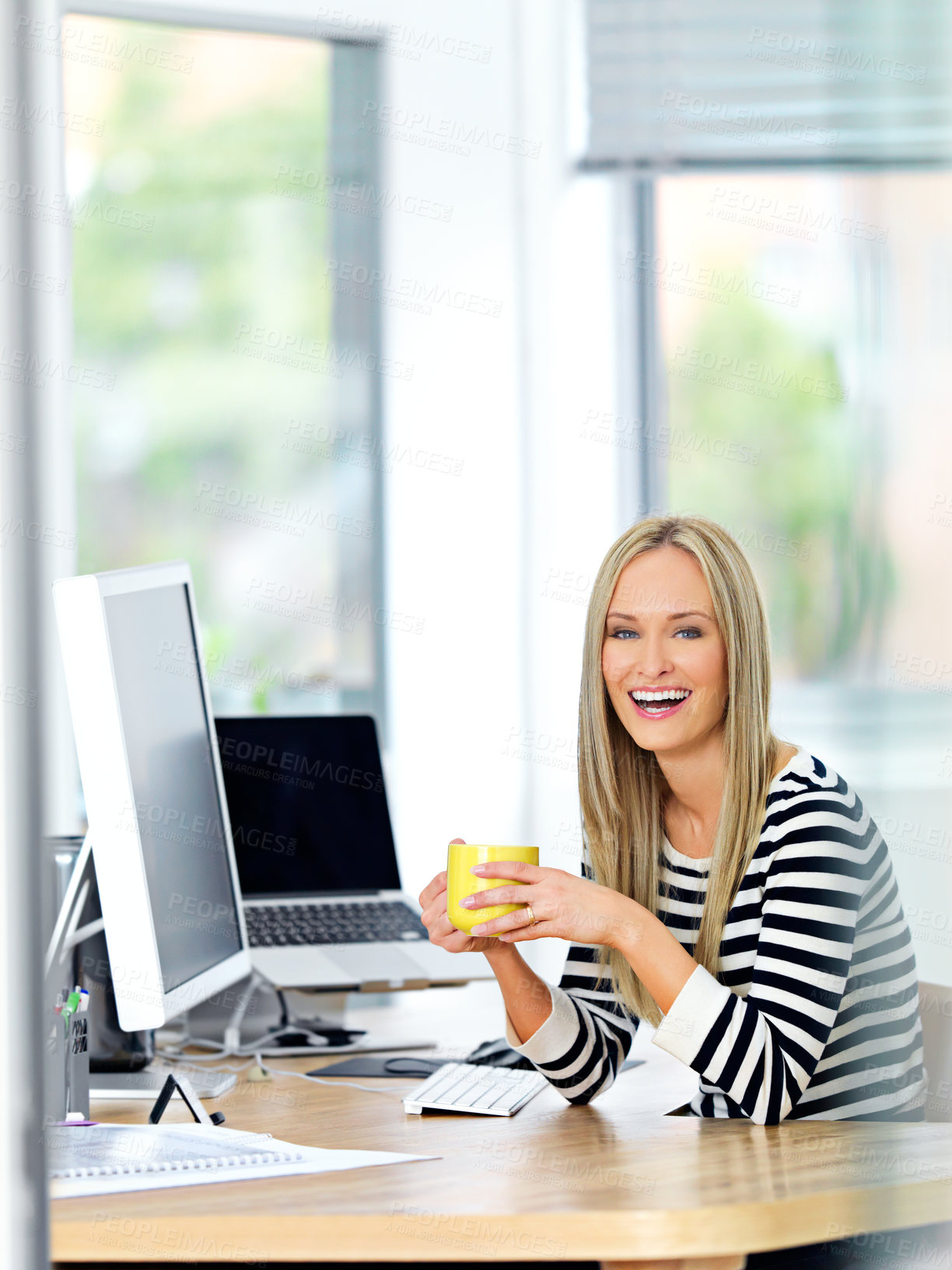 Buy stock photo Computer, coffee and portrait of woman in office for research on internet for finance project. Smile, technology and professional financial advisor working on company budget on desktop in workplace.