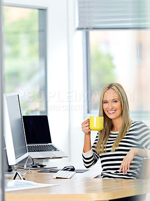 Buy stock photo Portrait, business and woman with coffee, happy and professional with computer and relaxing. Face, PR consultant and entrepreneur with morning tea or pc with confidence and creative agency with smile