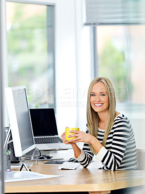 Buy stock photo Portrait, business and woman with coffee, computer and employee with consultant and relaxing. Face, professional and entrepreneur with morning tea or pc with confidence and creative agency with break