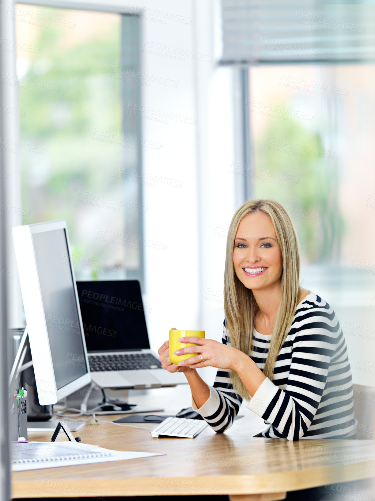 Buy stock photo Portrait, business and woman with coffee, computer and employee with consultant and relaxing. Face, professional and entrepreneur with morning tea or pc with confidence and creative agency with break