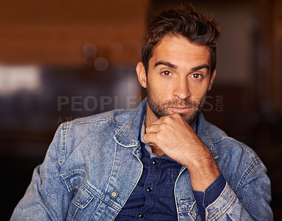 Buy stock photo Portrait of a handsome young man wearing denim clothing