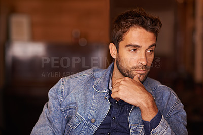 Buy stock photo Thinking, idea and handsome male person in living room, thoughtful and planning for vacation. Confidence, fashionable and pensive for unsure man thinker, relax or contemplation for thought or doubt