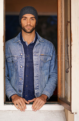 Buy stock photo Fashion, serious and portrait of man by window at his home with casual, trendy and stylish outfit. Handsome, confident and male person with cool denim style with jacket, beanie and shirt at house.