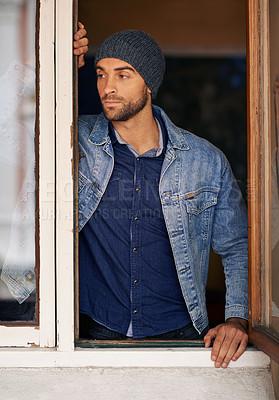 Buy stock photo Man, window and winter fashion or thinking, house or hipster with serious male person standing in warm clothes. Beanie, head wear for comfort, indoor and cool denim jacket for trends in Canada