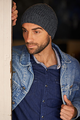 Buy stock photo Thinking, fashion and handsome male person in home, thoughtful and idea in denim. Confidence, relax and pensive for unsure man thinker, beanie or cold weather in England and contemplation or doubt