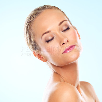 Buy stock photo Dermatology, beauty and woman for skincare, makeup and wellness for clean, clear and smooth. Model or young person and attractive with lipstick for gloss, shimmer and hygiene for face in studio 