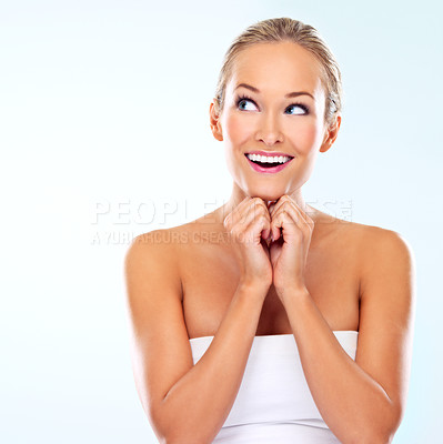 Buy stock photo Mockup, skincare and woman with thinking in studio for cosmetics, dermatology and facial routine. Female person, smile and idea for self care with treatment, shine and wellness on white background