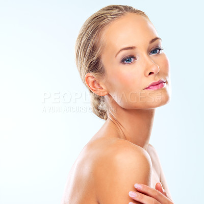 Buy stock photo Makeup, body and calm woman with in studio for wellness, shine or results on white background space. Beauty, glow and female model posing with skincare cosmetics, treatment or cosmetology promotion