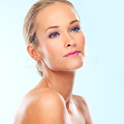 Buy stock photo Makeup, thinking and calm woman with in studio for wellness, shine or results on white background space. Beauty, glow and female model with skincare cosmetics, treatment or cosmetology promotion