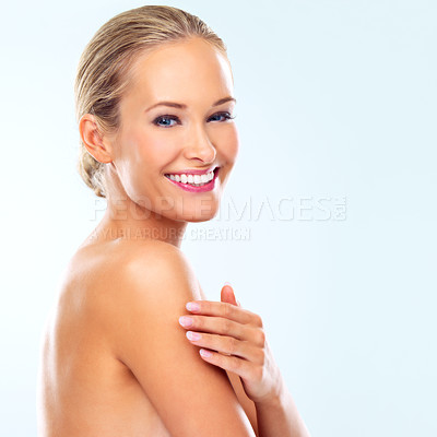 Buy stock photo Studio, skincare and portrait of woman with smile for collagen treatment, dermatology or facial glow. Female person, happy and confidence with self care, healthy skin or wellness on blue background