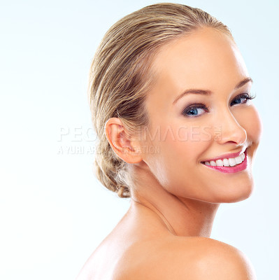 Buy stock photo Portrait, makeup and smile of woman for skincare, glow or shine for health isolated on a white studio background mockup space. Face, beauty and happy blonde model in cosmetics for facial dermatology