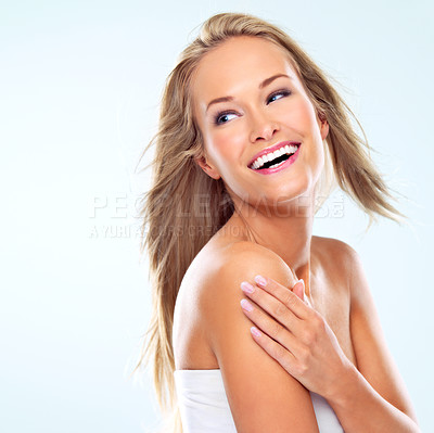 Buy stock photo Woman, pride and wind for hair in studio, smile and cosmetics for keratin treatment on white background. Female person, conditioner and breeze for dermatology or texture, confidence and shampoo