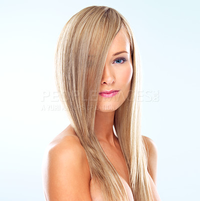 Buy stock photo Woman, hair and portrait for blonde and style with heat and  keratin treatment for wash. Model, attractive and glossy for healthy strand with shampoo for smooth and volume for conditioner and long
