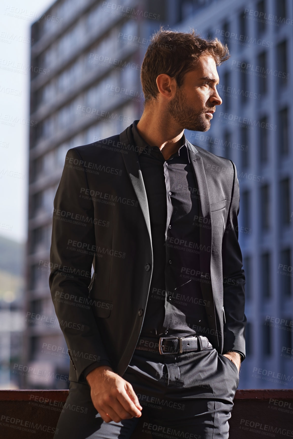 Buy stock photo Formal suit, confident and businessman on balcony for thinking and planning for work in city. Real estate agent, idea and entrepreneur in realtor career and professional job in commercial property