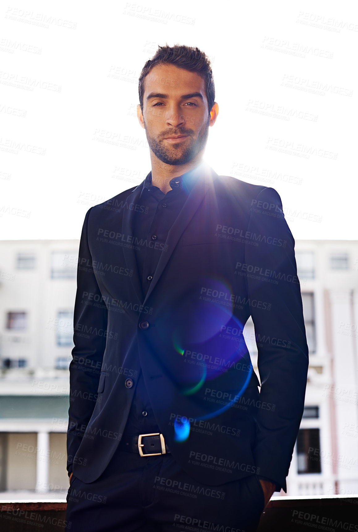Buy stock photo Portrait, happy and businessman on balcony in suit and formal fashion for professional in city. Real estate agent, confident face and entrepreneur in property career and overlay on friendly realtor