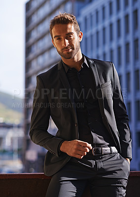 Buy stock photo Portrait, fashion and businessman on balcony in suit and formal style for professional in city. Real estate agent, face or confidence of entrepreneur in property, job or ambition of friendly realtor