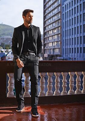 Buy stock photo Confident, man or balcony as thinking, fashion or vision of planning, designer or apparel as style. Cool, businessman or suit to imagine, memory or idea of creative, dream of urban clothing trend