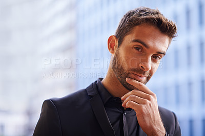 Buy stock photo Portrait, confidence and businessman on balcony with idea and thinking of solution for startup in town. Consultant, face and planning for entrepreneur in city property and ambition of happy realtor