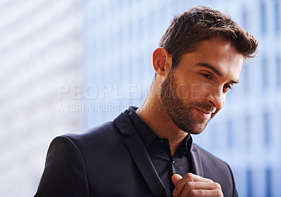 Buy stock photo Thinking, city and happy businessman on balcony and formal fashion for professional worker. Real estate agent, idea and confidence of entrepreneur in property career and ambition of realtor in town