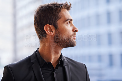 Buy stock photo Thinking, city and young businessman on balcony and formal fashion for professional worker. Real estate agent, idea and confidence of entrepreneur in property career and ambition of investor in town