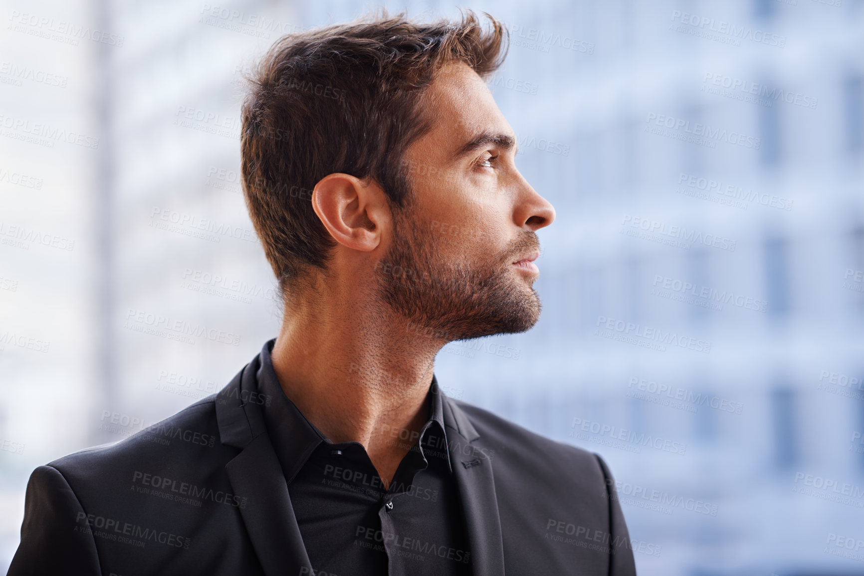 Buy stock photo Thinking, city and young businessman on balcony and formal fashion for professional worker. Real estate agent, idea and confidence of entrepreneur in property career and ambition of investor in town