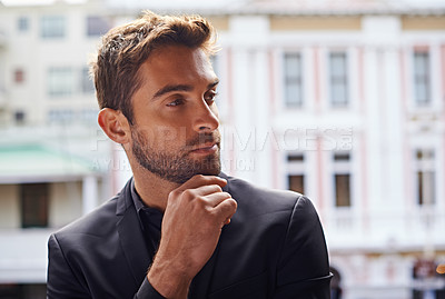 Buy stock photo Thinking, career and professional businessman on balcony and formal fashion for working in town. Accountant, idea and solution of entrepreneur with confidence and finance decision by urban city 