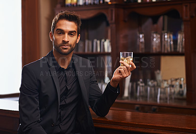 Buy stock photo Businessman, portrait or alcohol for break in bar, serious or drink to relax on startup project. Young person, hotel and face for whisky by counter at work and ambition of professional in hospitality