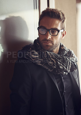 Buy stock photo Young businessman, confident and fashion with glasses for office and satisfaction of professional at work. Thinking, entrepreneur or trendy clothes or eyewear and creative person in startup company
