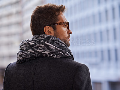 Buy stock photo City, serious and back of business man with glasses for travel, commute and walk to workplace. Professional, fashion and closeup of person in urban town thinking of ideas for career, job and work