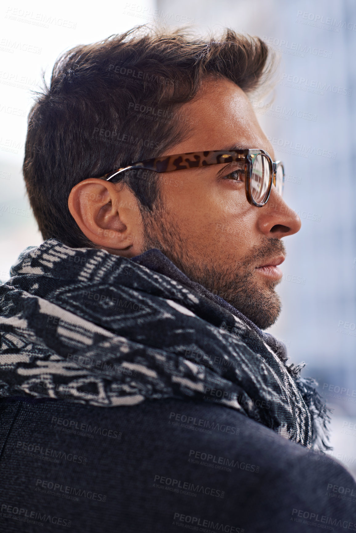 Buy stock photo City, serious and face of business man with glasses for travel, commute and walk to workplace. Professional, fashion and closeup of person in urban town thinking of ideas for career, job and work