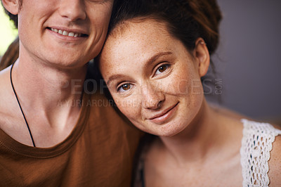 Buy stock photo Portrait, wife and love for happy couple, smile and living room in home. Dreadlocks, closeup and face for romance and affection on weekend, house or lounge or partner together for bonding on holiday