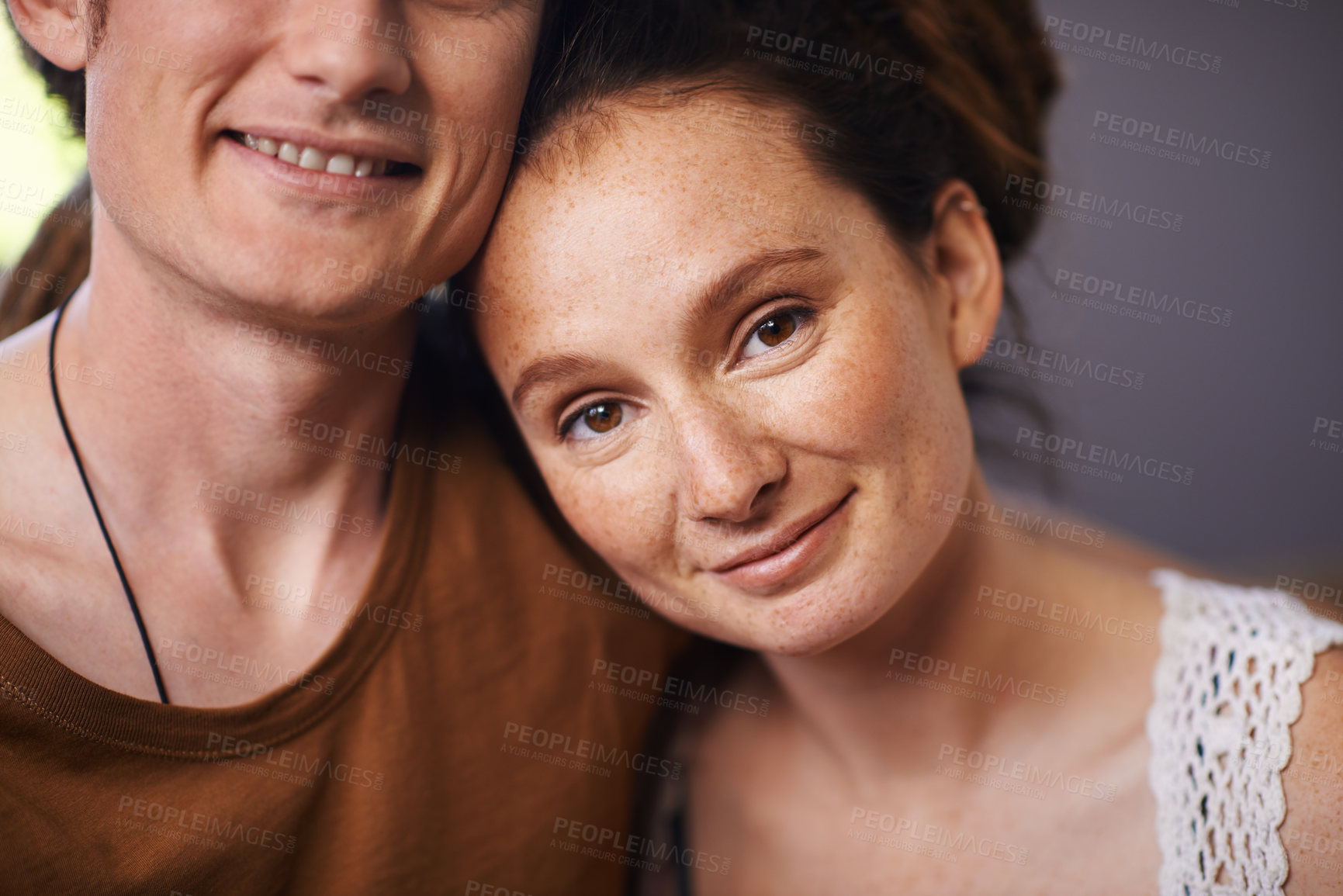 Buy stock photo Portrait, wife and love for happy couple, smile and living room in home. Dreadlocks, closeup and face for romance and affection on weekend, house or lounge or partner together for bonding on holiday