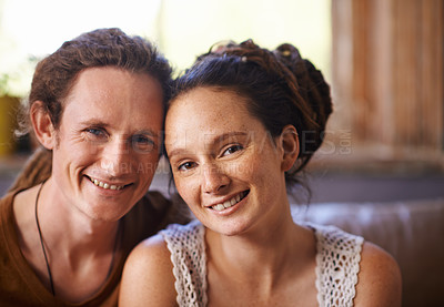 Buy stock photo Portrait, smile and love for happy couple, couch and living room in home. Dreadlocks, marriage or face for romance and affection on weekend, house or lounge or partner together for bonding on holiday