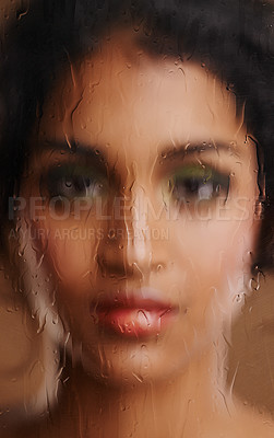 Buy stock photo Shot of a beautiful indian woman through a blurred wet window