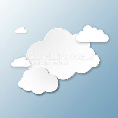 Buy stock photo Cloud computing, sign and graphic with icon, storage or cartoon with art for digital transformation. Networking, futuristic illustration or information technology for online server on blue background
