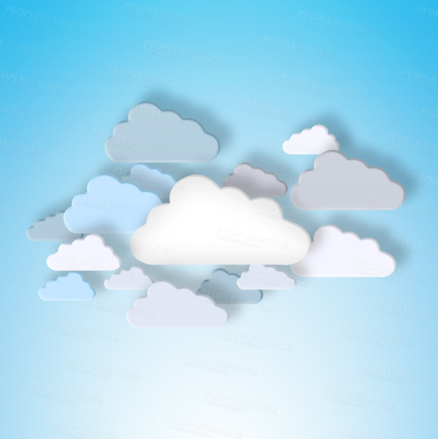 Buy stock photo Cloud computing, 3d and graphic with data, storage and cartoon with art for digital transformation. Networking, futuristic expansion and information technology with online server on blue background