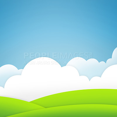 Buy stock photo Clouds, blue sky or grass in graphic, background or creative applique on wallpaper art mockup. Space cutout, cloudscape or poster of horizon, skyline or meadow in artistic, scenery or landscape