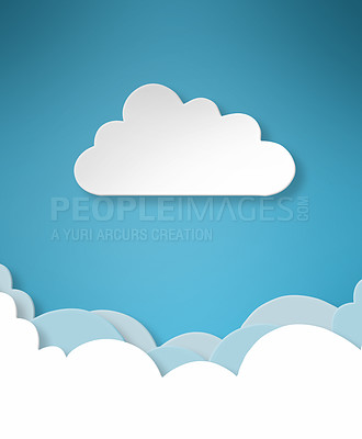 Buy stock photo Blue sky, cloud computing or data storage in digital, security or network as creative, online or web. Icon, update or cutout in future, virtual or hosting as solution, technology on mockup space