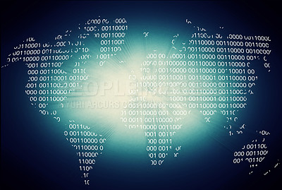Buy stock photo Matrix, coding and numbers for data with earth map for futuristic technology with dark background. Software, neon and text for programming, cyber or information highway for global connectivity on web