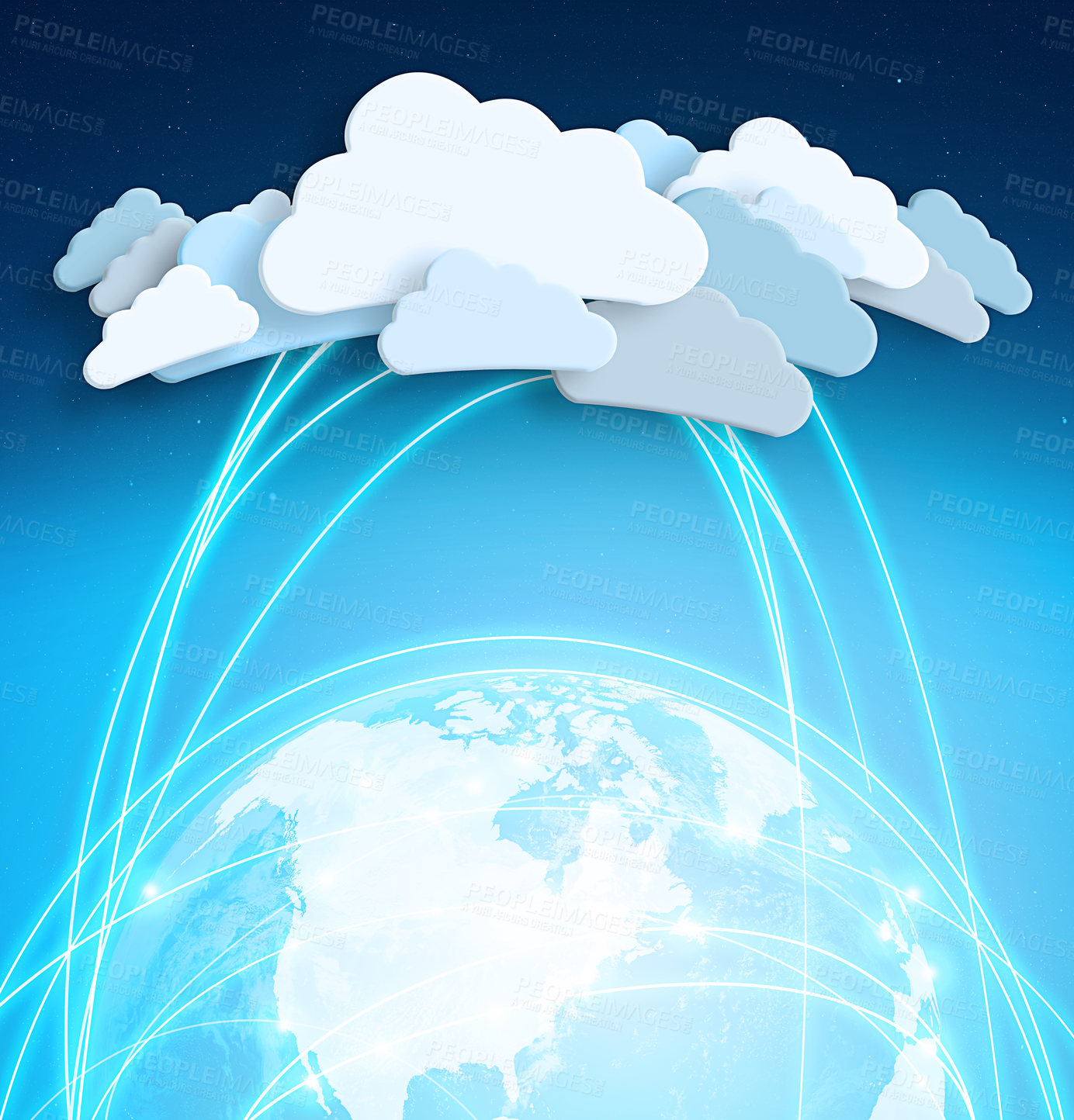 Buy stock photo Cloud computing, icon and global with graphic, data and connectivity with digital transformation. Networking, futuristic expansion and information technology with online server for earth with map