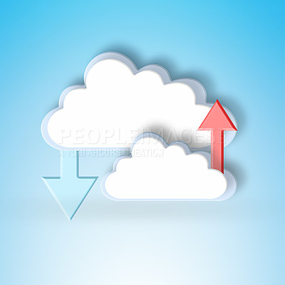 Buy stock photo Cloud computing, graphic and arrow for download for data science, information technology and art on blue background. Networking, storage icon and futuristic it for digital expansion with upload sign