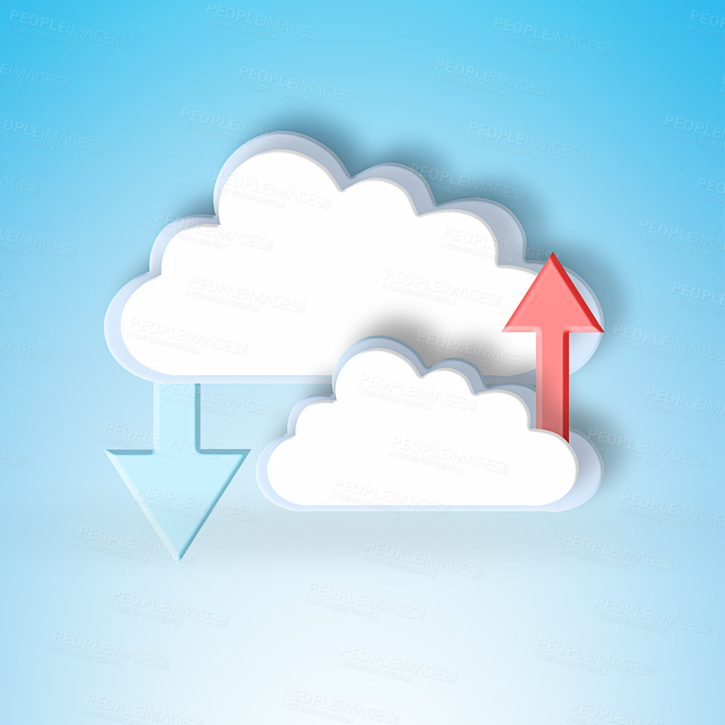 Buy stock photo Cloud computing, graphic and arrow for download for data science, information technology and art on blue background. Networking, storage icon and futuristic it for digital expansion with upload sign
