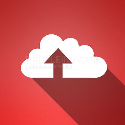 Buy stock photo Cloud computing, graphic and arrow with upload icon for data, information technology and art on red background. Networking, remote storage and futuristic it for digital expansion with connectivity