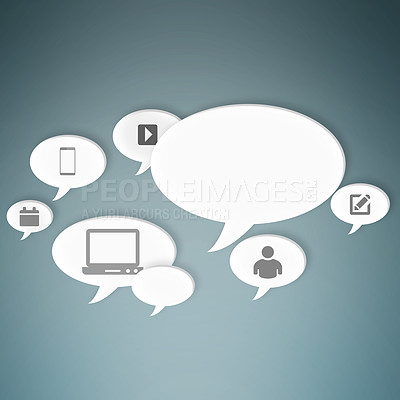 Buy stock photo Device, web and connection for internet communication with  speech bubble or illustrations and network. Online, mobile and hybrid with technology gadgets for connectivity, dashboard and mockup