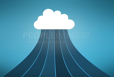 Buy stock photo Cloud computing, data and path with graphic, icon and sign for streaming on blue background. Networking, storage symbol and information technology for digital transformation with art for connectivity