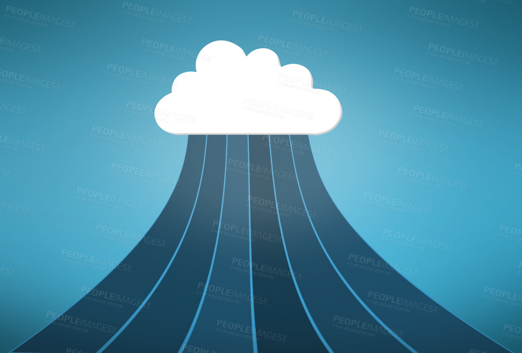 Buy stock photo Cloud computing, data and path with graphic, icon and sign for streaming on blue background. Networking, storage symbol and information technology for digital transformation with art for connectivity