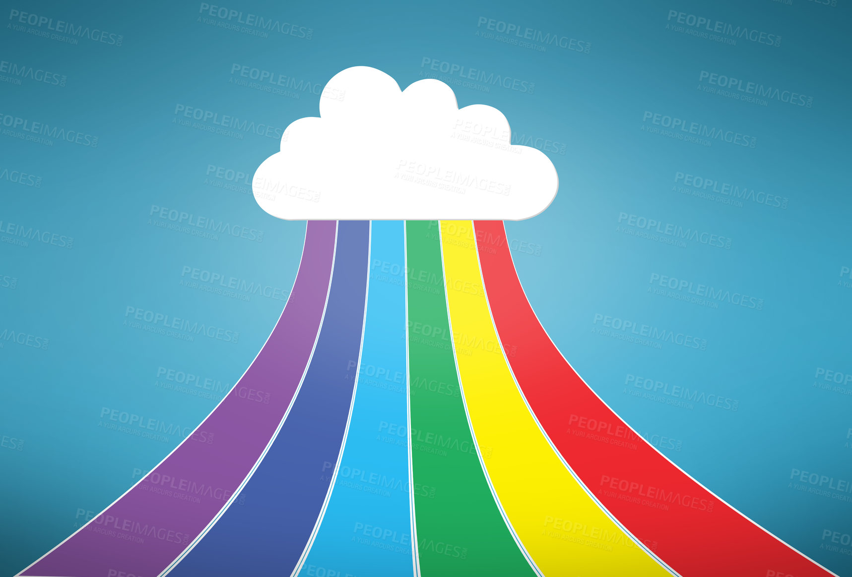 Buy stock photo Cloud computing, data and streaming for upload with sign, rainbow and art graphic on blue background. Networking, storage icon and information technology for digital transformation with connectivity