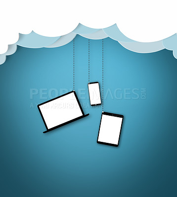 Buy stock photo Technology, cloud computing and network for connection with device for data storage or database and software update. Mockup, gadget and communication with internet for virtual or digital display